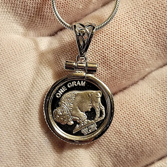 .999 Pendant Buffalo Nickel w/ .925 Silver Necklace [22"] 1mm Snake Chain - Picture 2 of 6